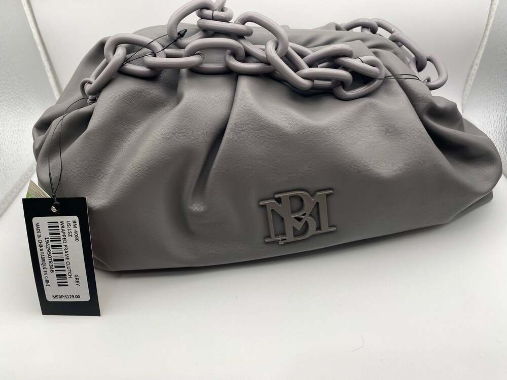 Badgley Mischka Wrapped Frame Clutch in Grey with Detachable Chain Strap